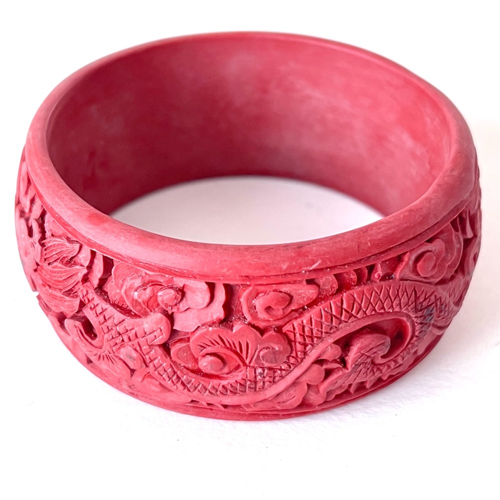 Vintage Cinnabar Bracelet Cuff Carved Red Dragons Hand Made with Original Box